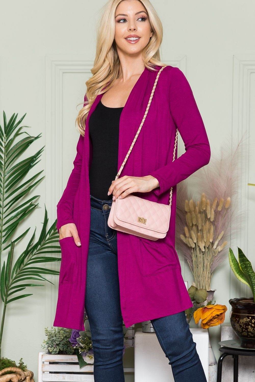 Celeste Full Size Open Front Cardigan with Pockets Magenta for a perfect OOTD – dress to impress outfits from Amexza