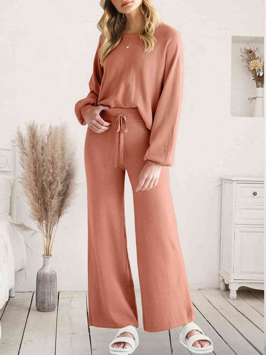 Long Sleeve Lounge Top and Drawstring Pants Set Dusty Pink for a perfect OOTD – dress to impress outfits from Amexza