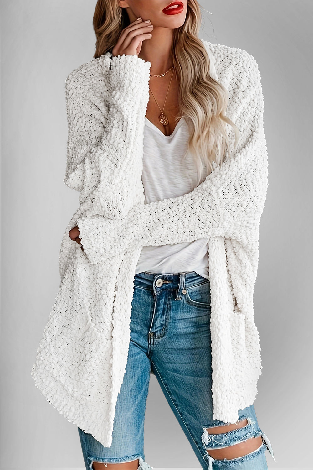 Double Take Pocketed Open Front Long Sleeve Cardigan White for a perfect OOTD – dress to impress outfits from Amexza