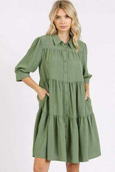 Mittoshop Button Detail Collared Neck Tiered Shirt Dress Sage for a perfect OOTD – dress to impress outfits from Amexza