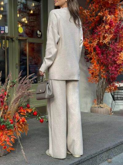 Slit Mock Neck Top and Pants Sweater Set for a perfect OOTD – dress to impress outfits from Amexza