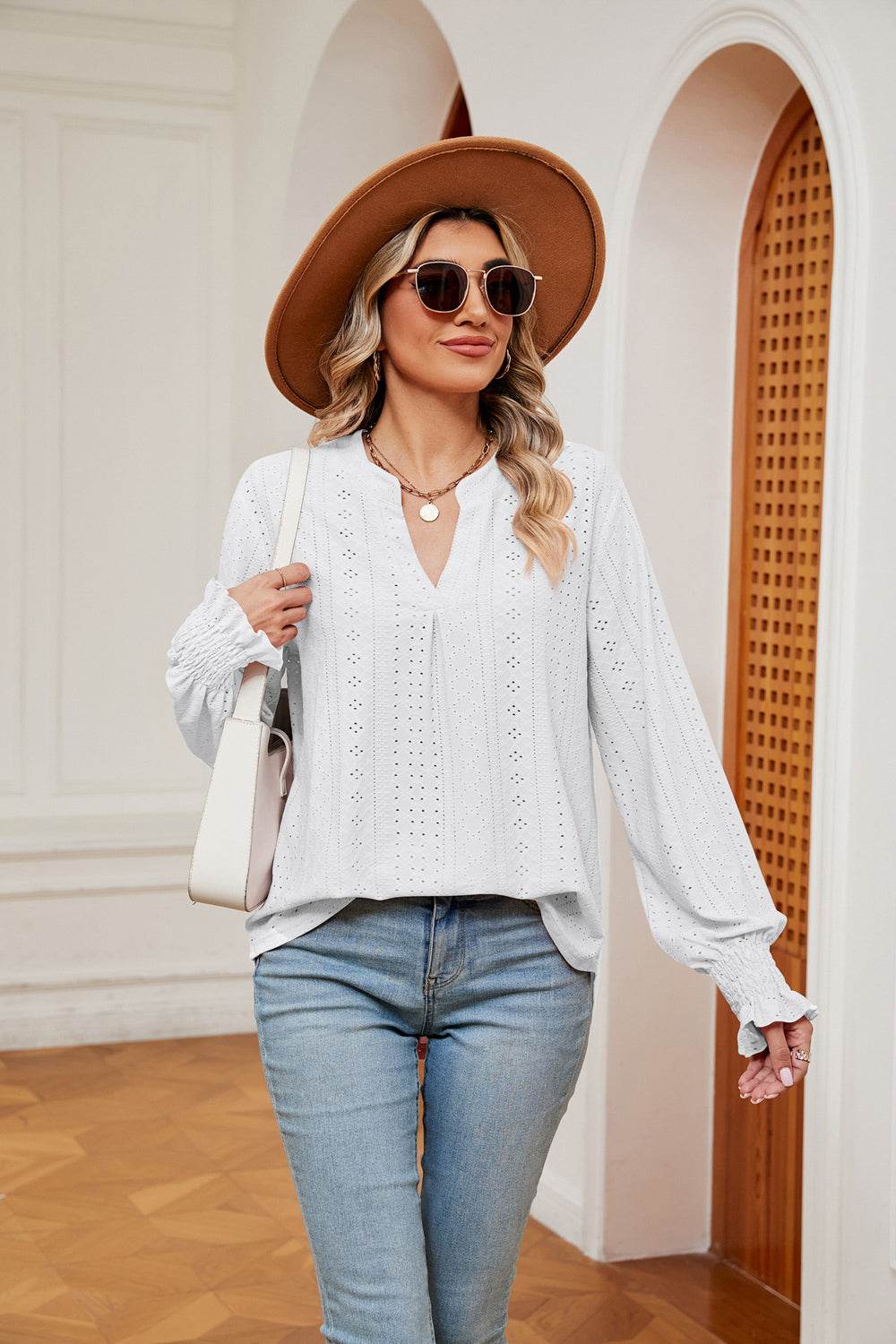 Notched Neck Flounce Sleeve Blouse White for a perfect OOTD – dress to impress outfits from Amexza