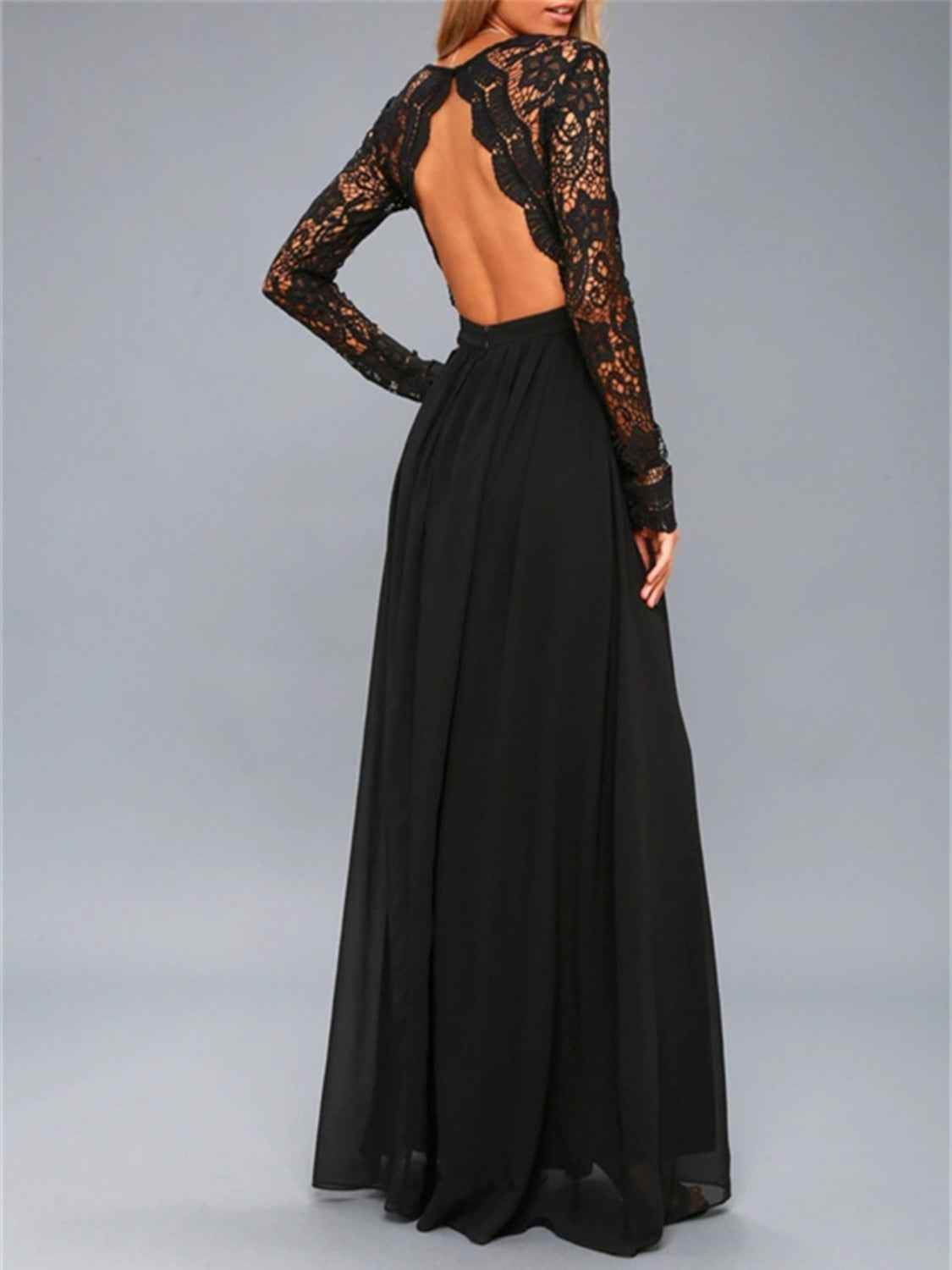 Lace Detail Backless Long Sleeve Maxi Dress for a perfect OOTD – dress to impress outfits from Amexza