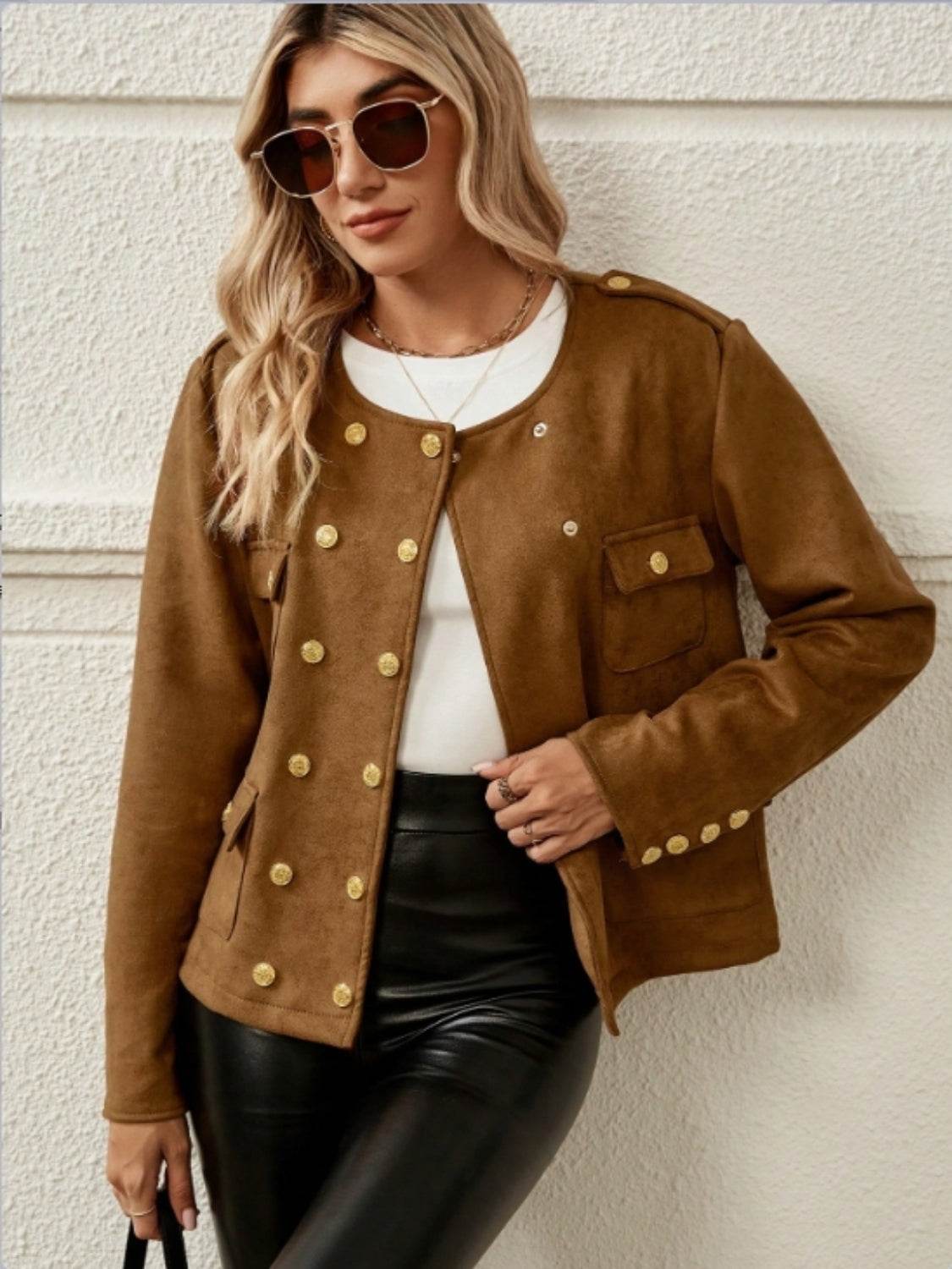 Snap Down Round Neck Jacket Brown for a perfect OOTD – dress to impress outfits from Amexza