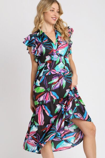 Umgee Full Size Leaf Print Double Layered Ruffle Sleeve Tiered Midi Dress Plus Size for a perfect OOTD – dress to impress outfits from Amexza