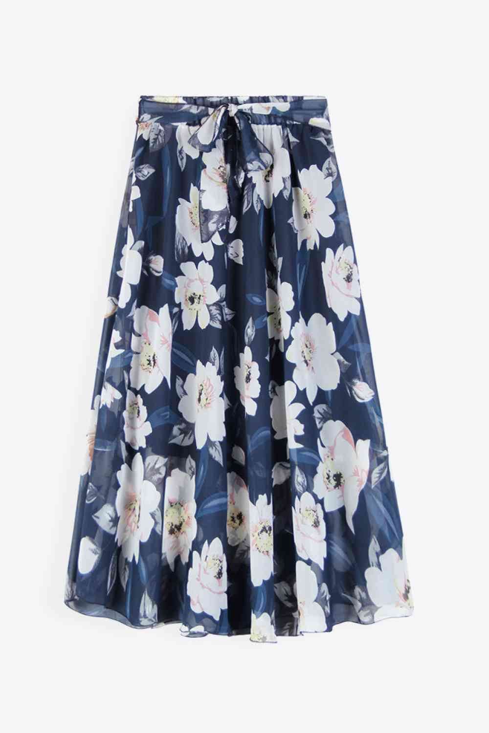 Full Size Floral Tie-Waist Skirt Dark Blue for a perfect OOTD – dress to impress outfits from Amexza