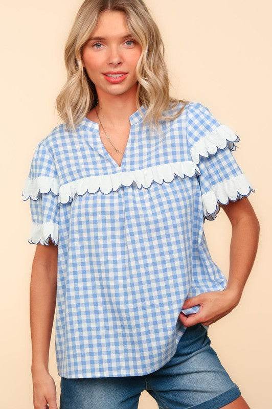 Haptics Full Size Plaid Scallop Hem Notched Short Sleeve Blouse for a perfect OOTD – dress to impress outfits from Amexza