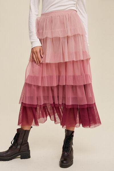 Elastic Waist Layered Tulle Midi Skirt Dusty Pink for a perfect OOTD – dress to impress outfits from Amexza