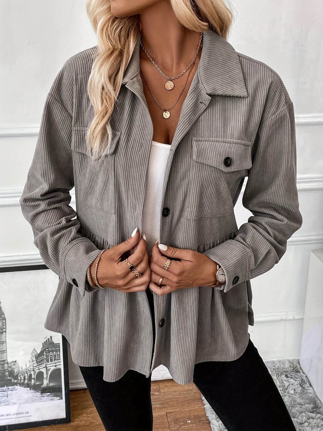 Corduroy Peplum Button Up Shacket for a perfect OOTD – dress to impress outfits from Amexza