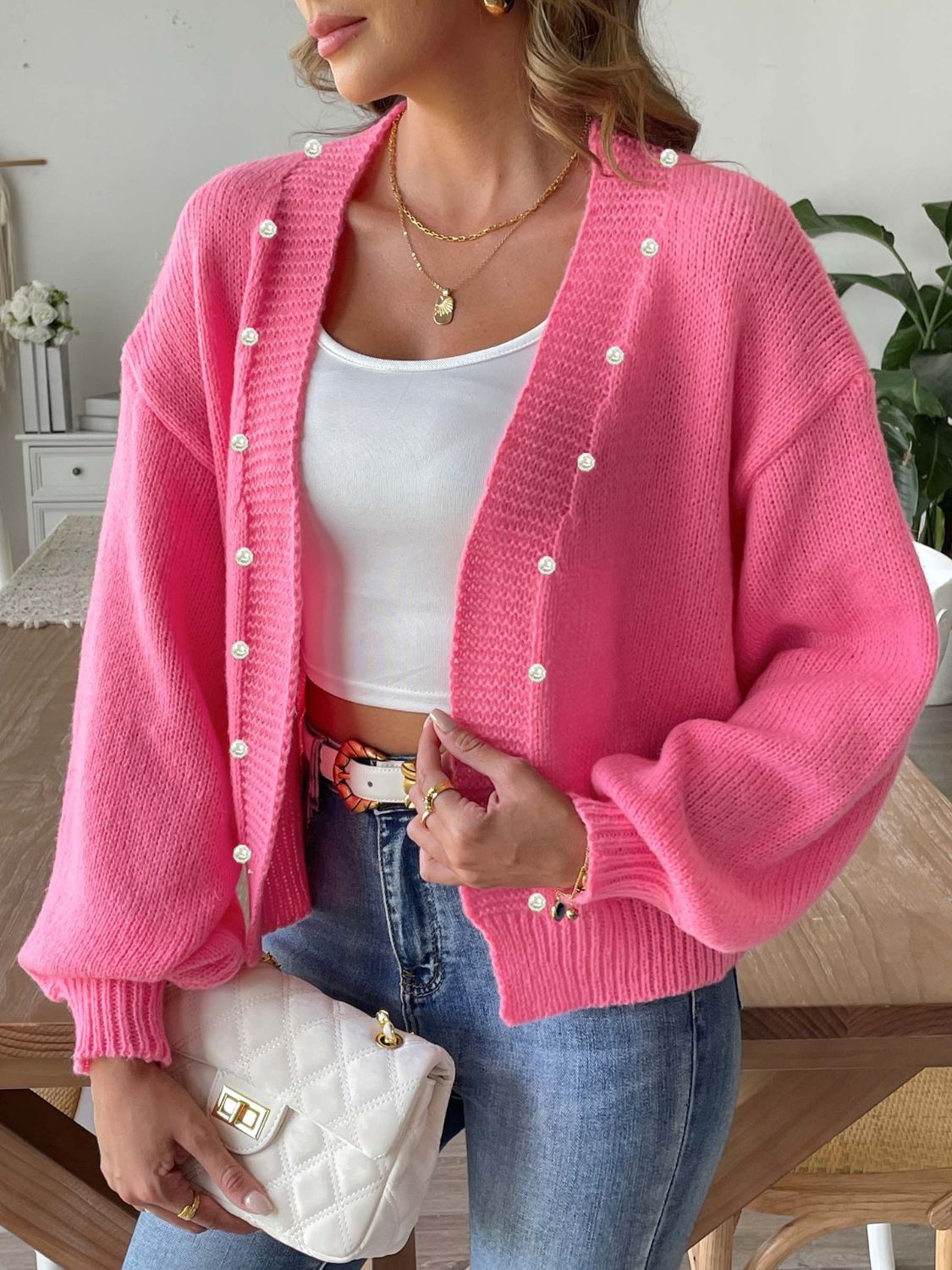 Pearl Open Front Long Sleeve Cardigan Fuchsia Pink for a perfect OOTD – dress to impress outfits from Amexza