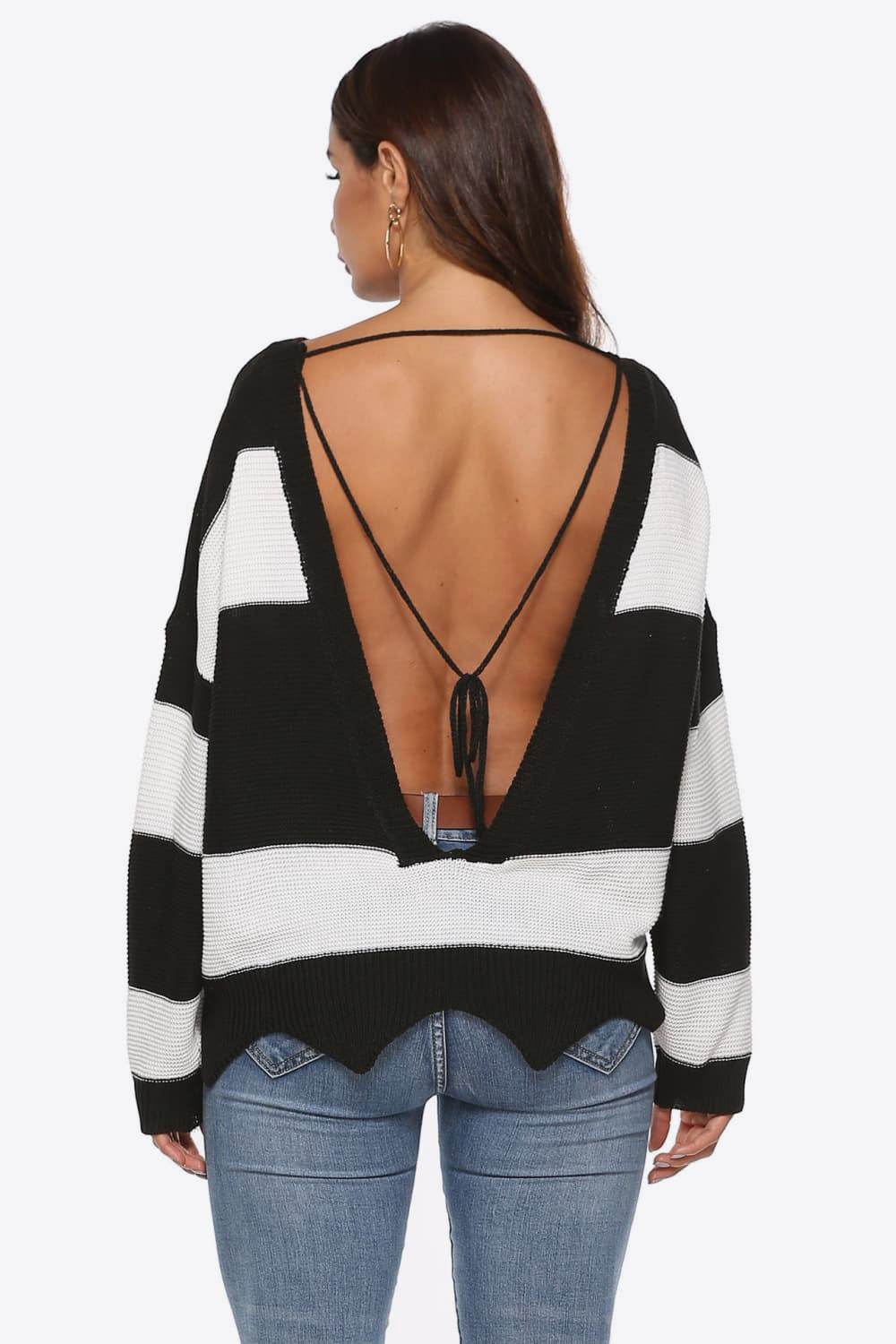 Color Block Backless Long Sleeve Sweater for a perfect OOTD – dress to impress outfits from Amexza