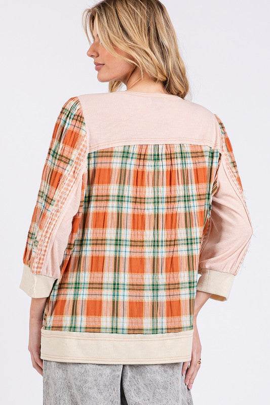 SAGE + FIG Exposed Seam Button Detail Plaid Top - Amexza