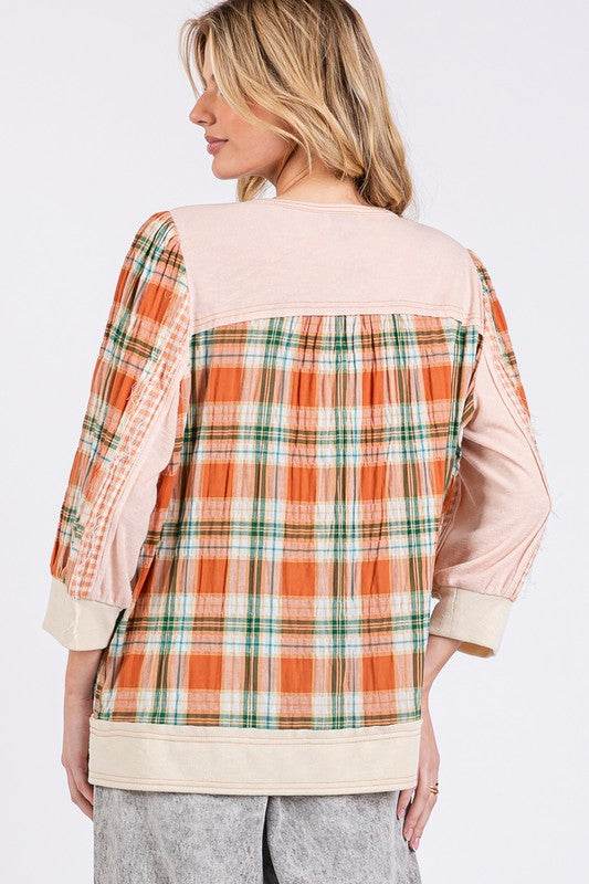 SAGE + FIG Exposed Seam Button Detail Plaid Top for a perfect OOTD – dress to impress outfits from Amexza