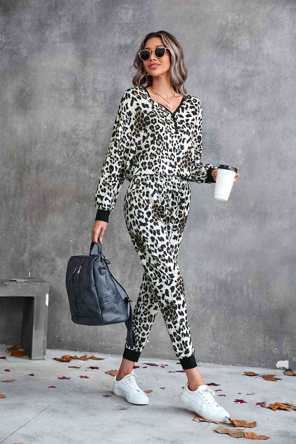 Leopard V-Neck Dropped Shoulder Loungewear Set for a perfect OOTD – dress to impress outfits from Amexza