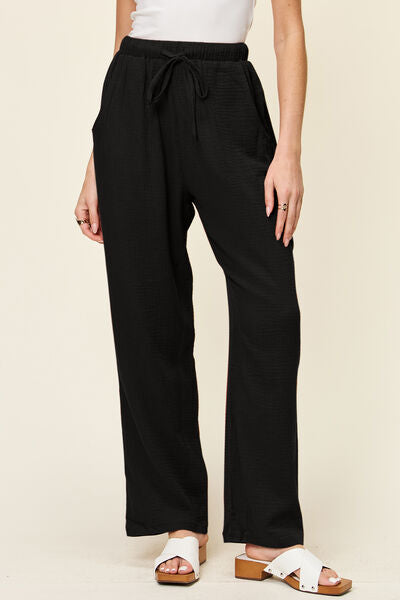 Double Take Full Size Texture Drawstring Straight Pants Black for a perfect OOTD – dress to impress outfits from Amexza