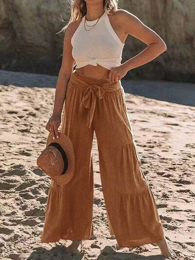 Tied Ruched Wide Leg Pants - Amexza