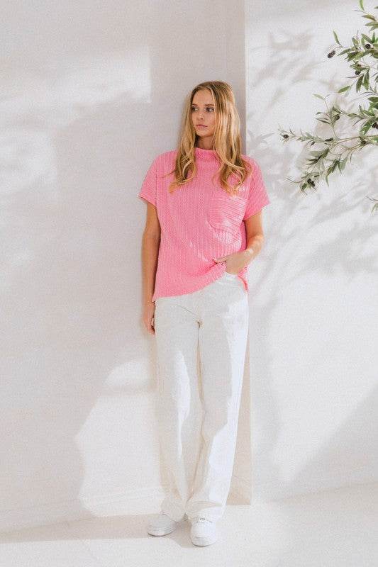 Ces Femme Texture Mock Neck Short Sleeve Knit Top for a perfect OOTD – dress to impress outfits from Amexza