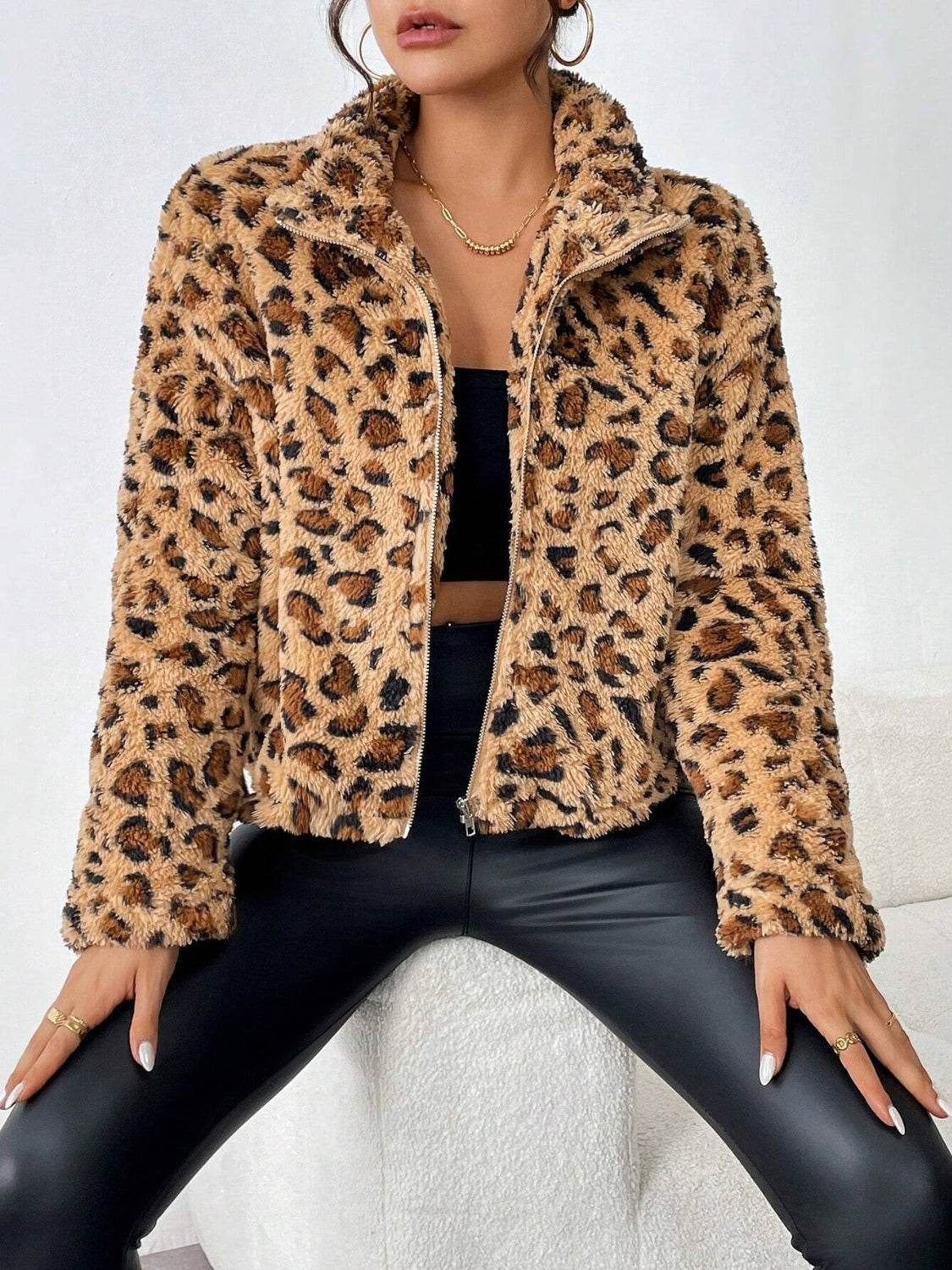 Fuzzy Turtleneck Leopard Zip Up Jacket Camel for a perfect OOTD – dress to impress outfits from Amexza