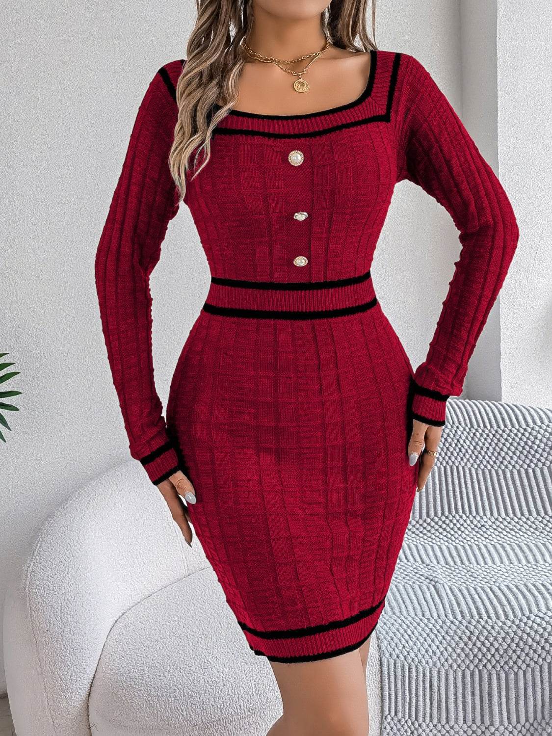 Contrast Trim Long Sleeve Sweater Dress for a perfect OOTD – dress to impress outfits from Amexza