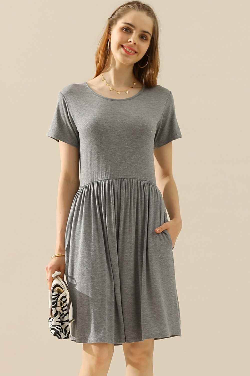 Ninexis Full Size Round Neck Ruched Dress with Pockets H GREY for a perfect OOTD – dress to impress outfits from Amexza