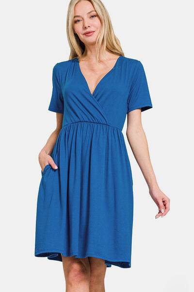 Zenana Surplice Short Sleeve Brushed DTY Dress Classic Blue for a perfect OOTD – dress to impress outfits from Amexza