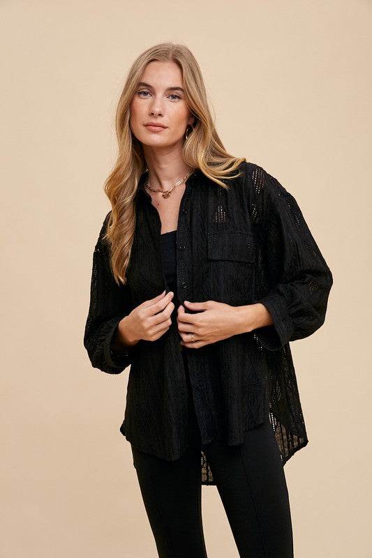 Annie Wear Openwork Button Down Drop Shoulder Shirt Black for a perfect OOTD – dress to impress outfits from Amexza