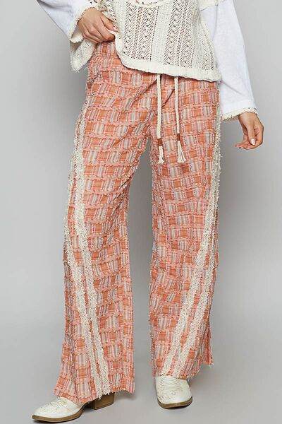 POL Lace Trim Drawstring Checkered Wide Leg Pants Orange for a perfect OOTD – dress to impress outfits from Amexza