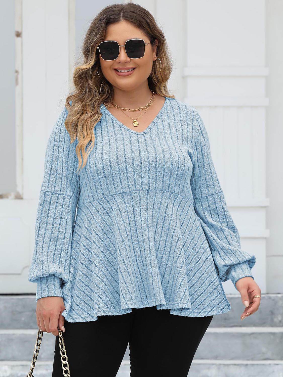 Plus Size Ribbed V-Neck Long Sleeve Blouse Pastel Blue for a perfect OOTD – dress to impress outfits from Amexza