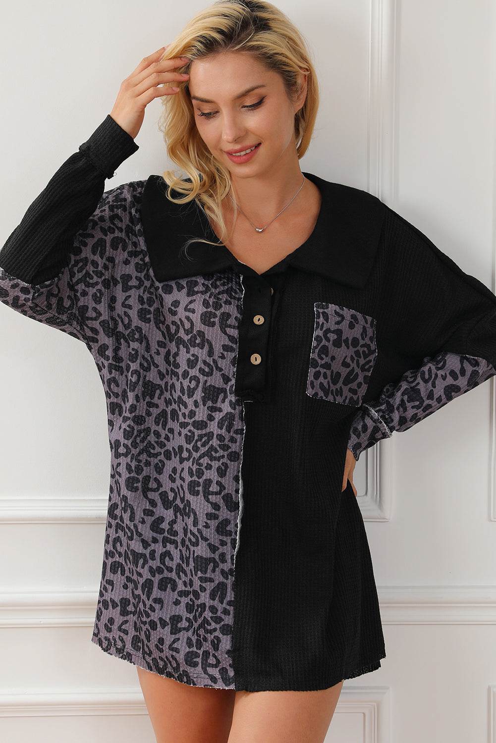 Half Button Leopard Collared Neck Blouse for a perfect OOTD – dress to impress outfits from Amexza