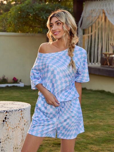 Plaid Round Neck Top and Shorts Lounge Set for a perfect OOTD – dress to impress outfits from Amexza