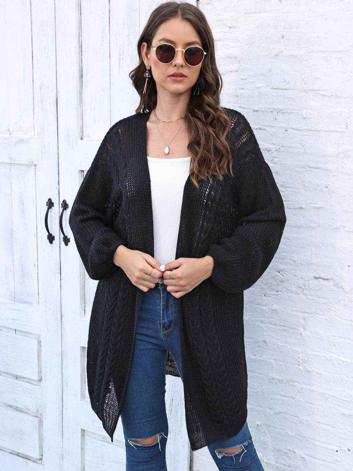 Cable-Knit Open Front Long Sleeve Cardigan Black One Size for a perfect OOTD – dress to impress outfits from Amexza