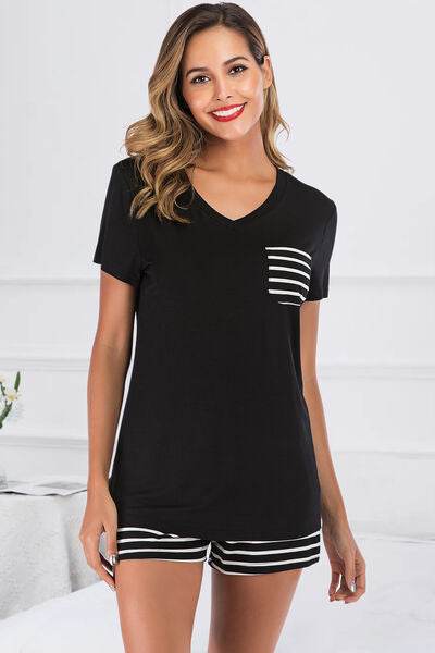 Striped Short Sleeve Top and Shorts Lounge Set Black for a perfect OOTD – dress to impress outfits from Amexza