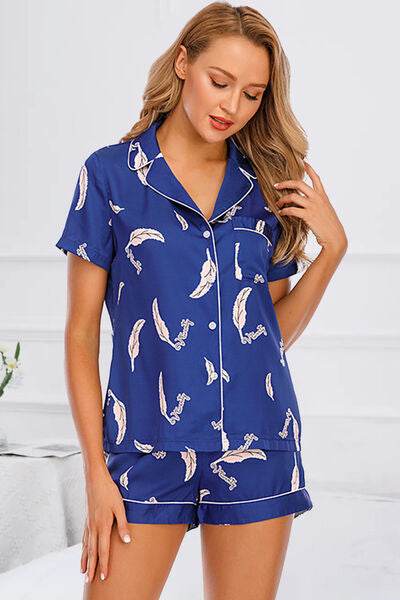 Printed Button Up Short Sleeve Top and Shorts Lounge Set Royal Blue for a perfect OOTD – dress to impress outfits from Amexza