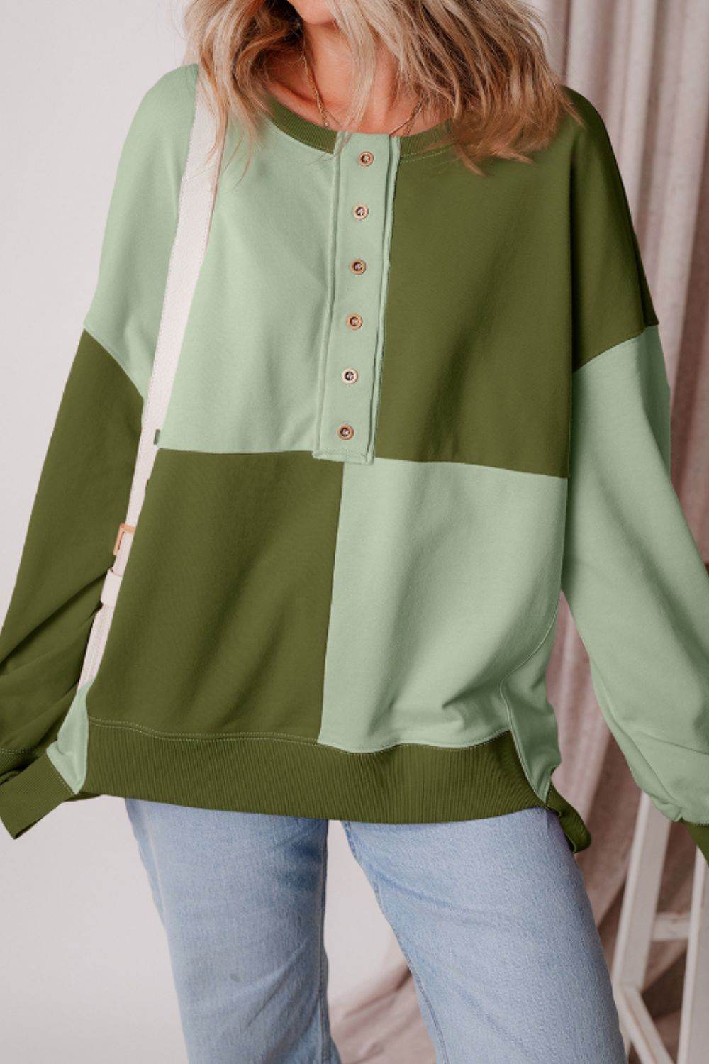 Color Block Half Button Long Sleeve Sweatshirt - Amexza