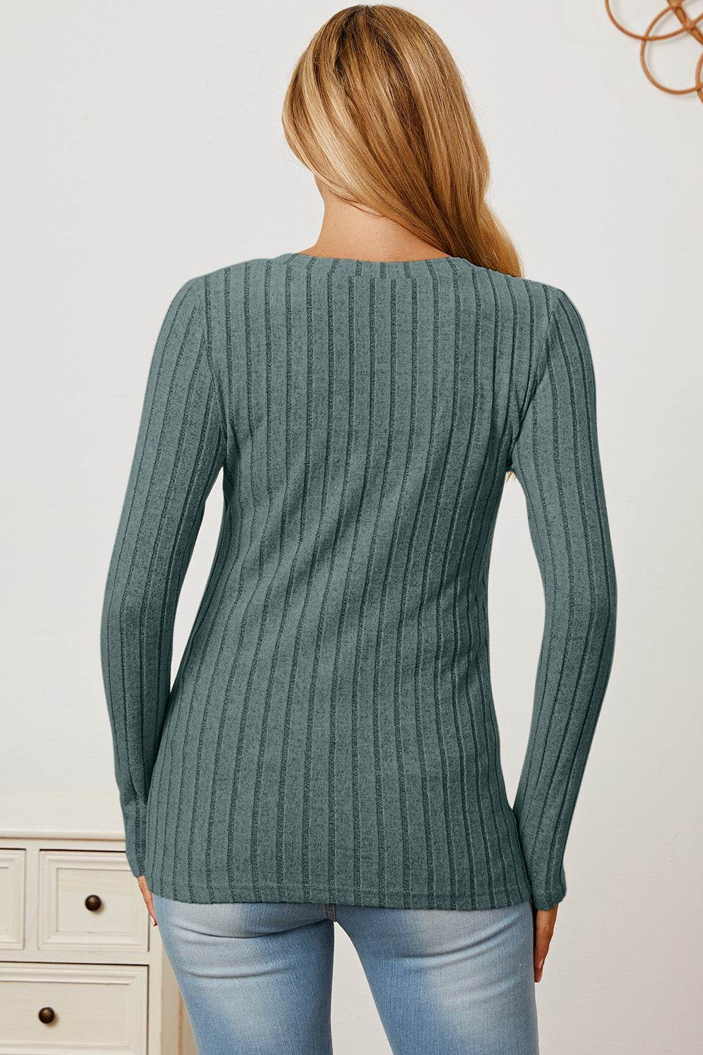 Basic Bae Full Size Ribbed V-Neck Long Sleeve T-Shirt for a perfect OOTD – dress to impress outfits from Amexza