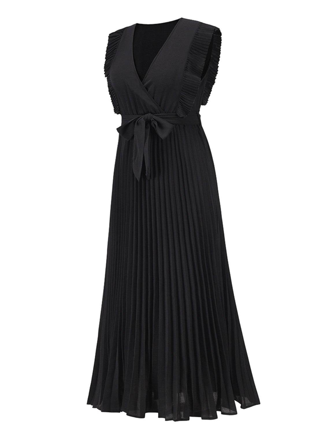 Tied Surplice Cap Sleeve Pleated Dress - Amexza