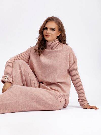 Basic Bae High- Low Turtleneck Long Sleeve Top and Pants Sweater Set for a perfect OOTD – dress to impress outfits from Amexza