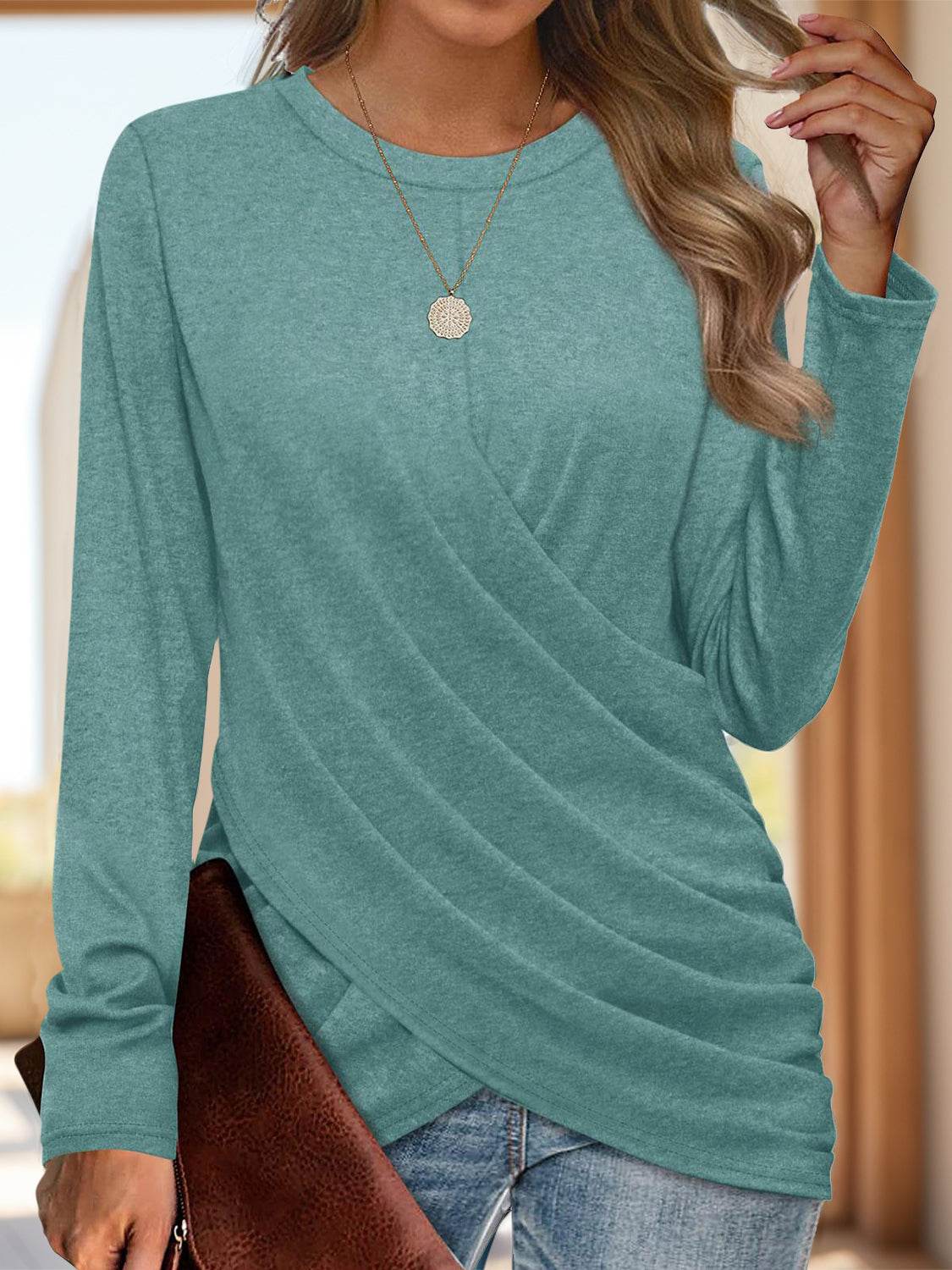 Ruched Round Neck Long Sleeve T-Shirt Turquoise for a perfect OOTD – dress to impress outfits from Amexza