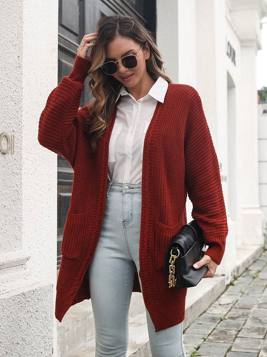 Open Front Rib-Knit Cardigan with Pockets Burgundy for a perfect OOTD – dress to impress outfits from Amexza