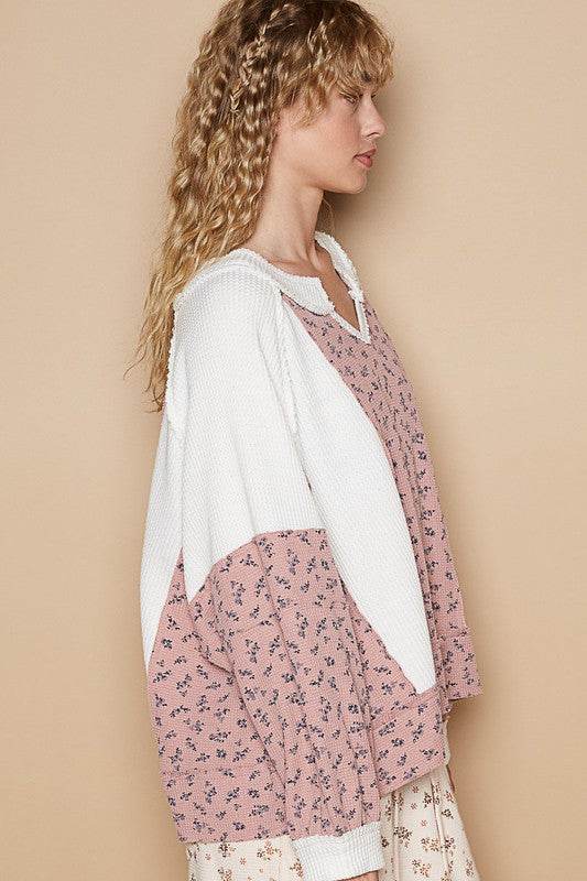 POL Waffle Knit Floral Notched Long Sleeve Top - Amexza