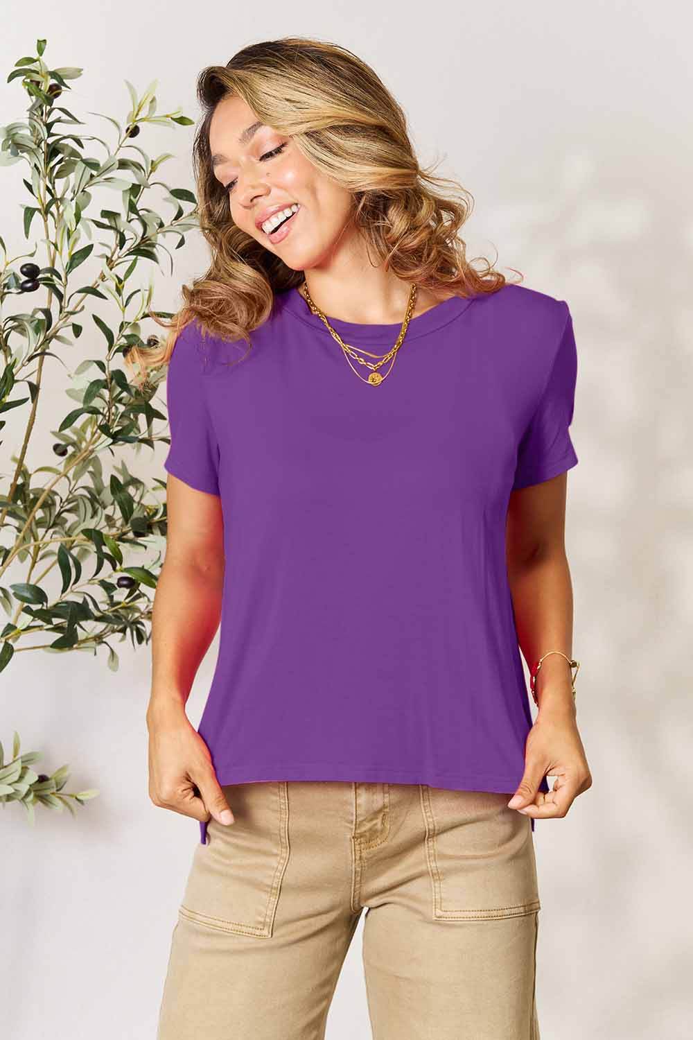 Basic Bae Full Size Round Neck Short Sleeve T-Shirt Purple for a perfect OOTD – dress to impress outfits from Amexza