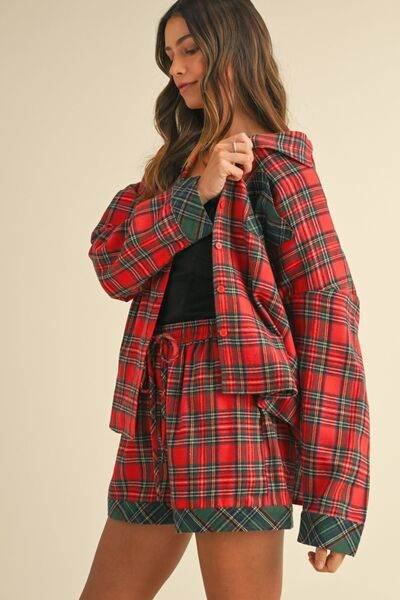 Annie Wear Contrast Plaid Long Sleeve Top and Shorts Set for a perfect OOTD – dress to impress outfits from Amexza