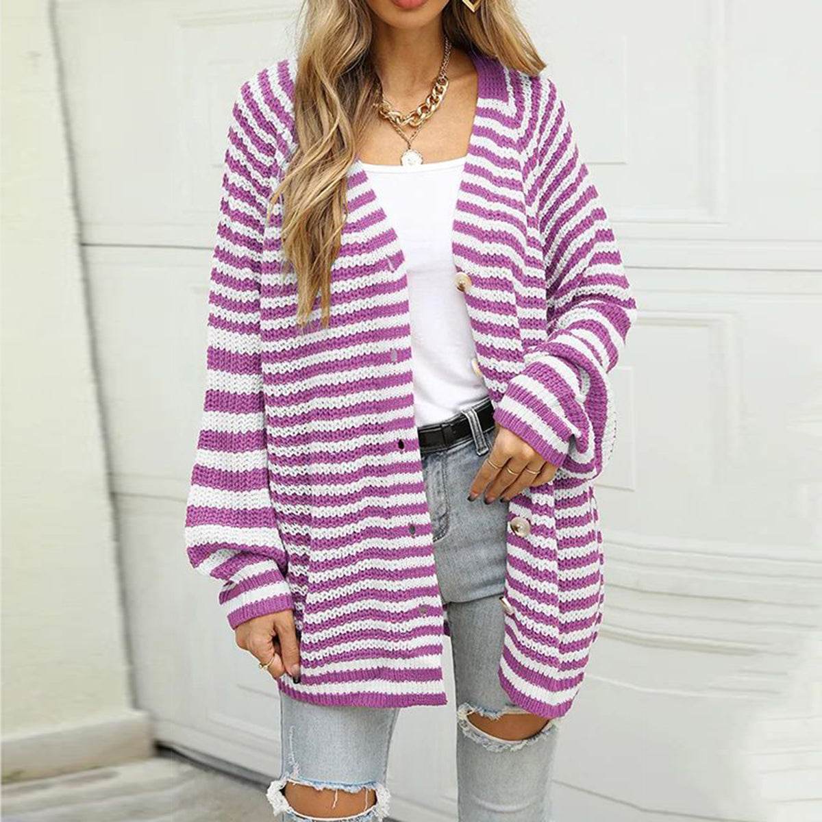 Striped Button Down Long Sleeve Cardigan Heliotrope Purple for a perfect OOTD – dress to impress outfits from Amexza