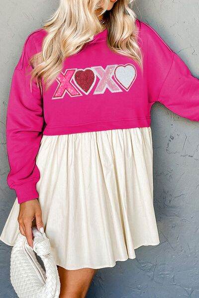 XOXO Sequin Heart Long Sleeve Dress Hot Pink for a perfect OOTD – dress to impress outfits from Amexza