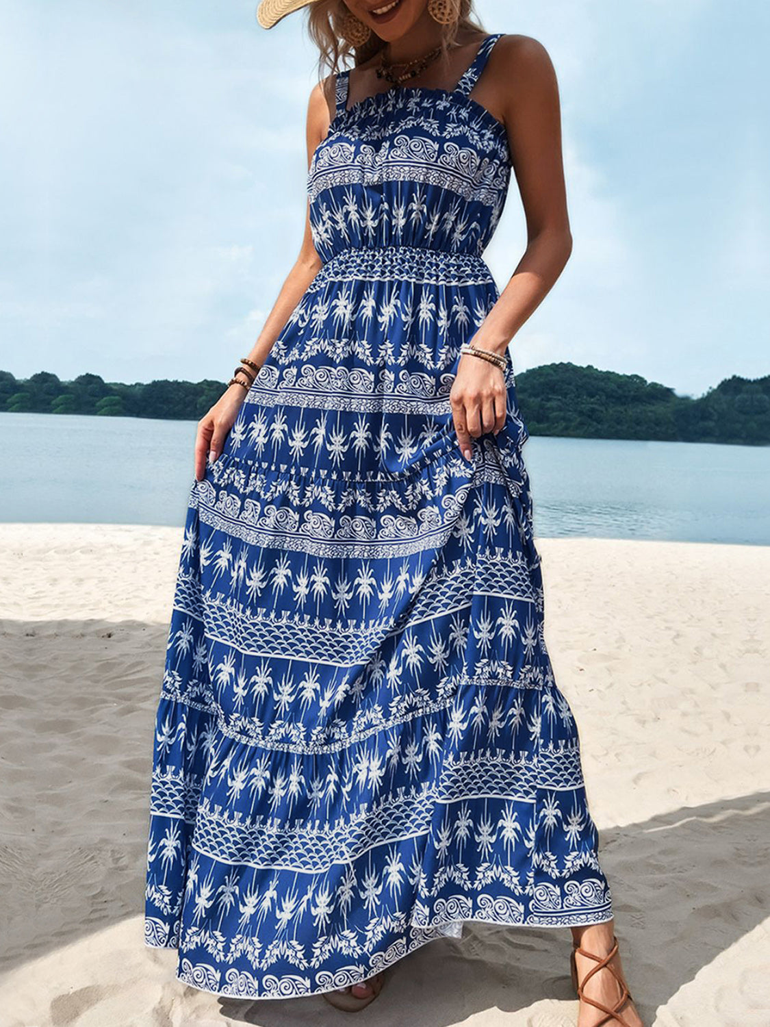 Perfee Printed Square Neck Sleeveless Maxi Dress - Blue / S