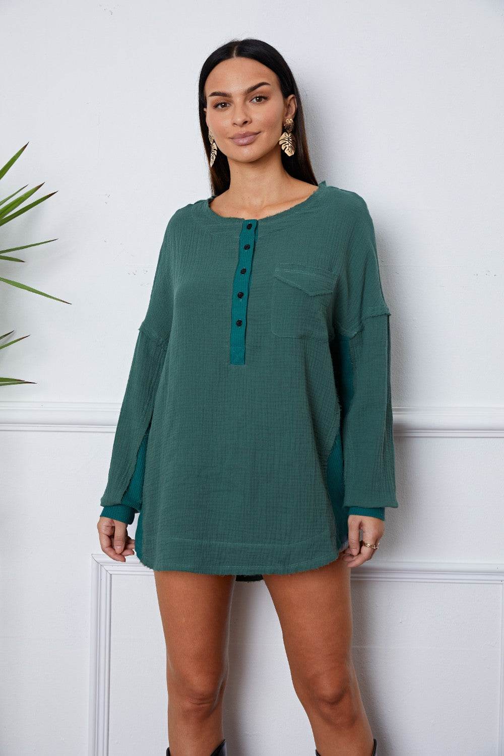 Half Button Up Round Neck Blouse Dark Green for a perfect OOTD – dress to impress outfits from Amexza