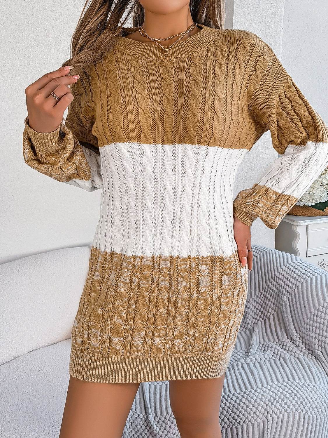 Cable-Knit Round Neck Color Block Sweater Dress Camel for a perfect OOTD – dress to impress outfits from Amexza