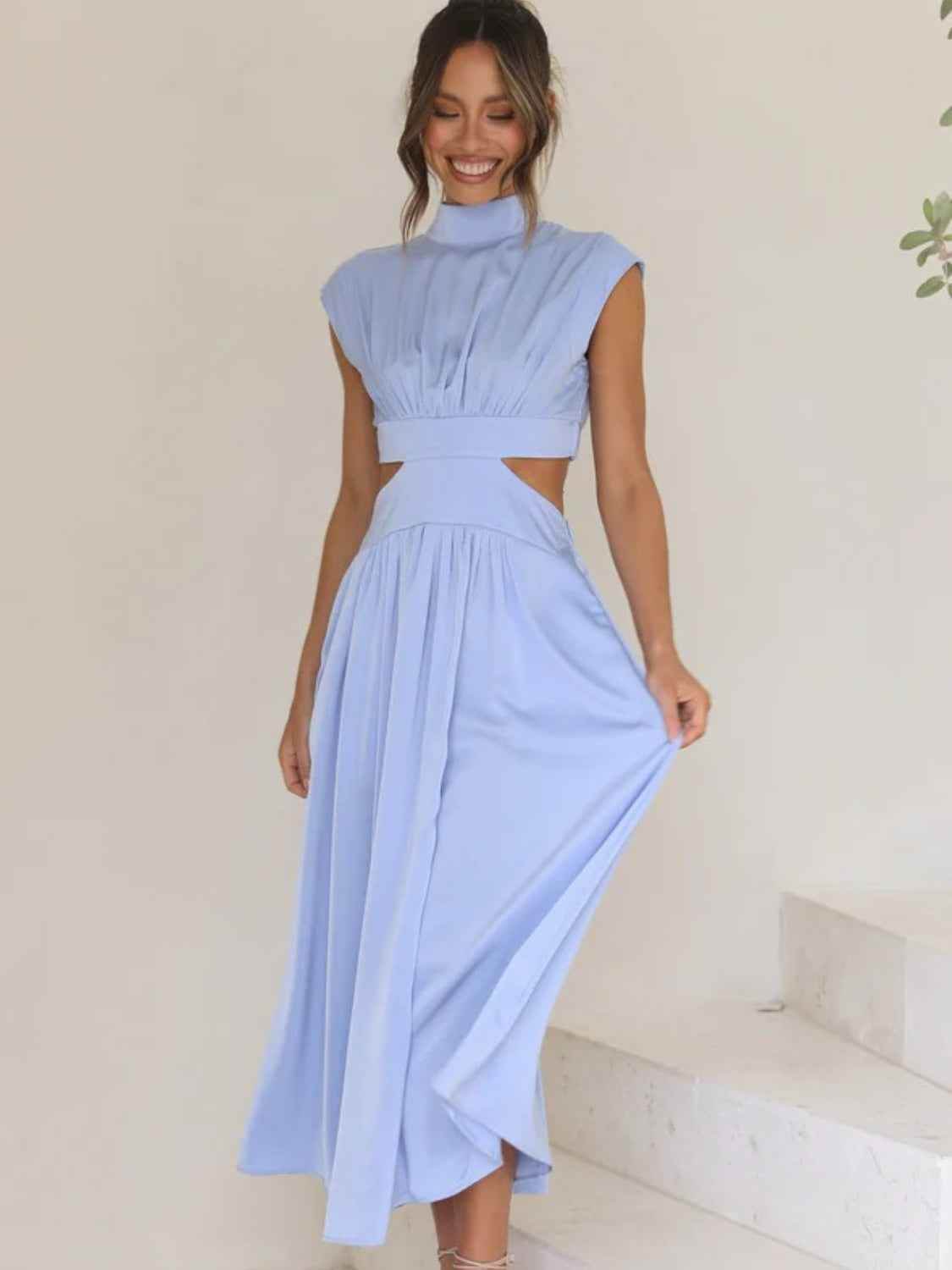 Cutout Mock Neck Sleeveless Ruched Dress Light Blue for a perfect OOTD – dress to impress outfits from Amexza