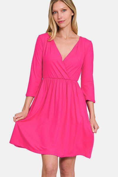 Zenana Three-Quarter Sleeve Surplice Dress with Pockets Hot Pink for a perfect OOTD – dress to impress outfits from Amexza