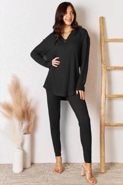 Basic Bae Full Size Notched Long Sleeve Top and Pants Set Black for a perfect OOTD – dress to impress outfits from Amexza